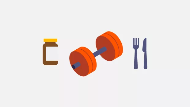 A pill bottle, dumbbell and knife and fork