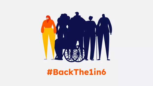 A diverse group of people, five silhouetted and one in colour with the slogan #BackThe1in6