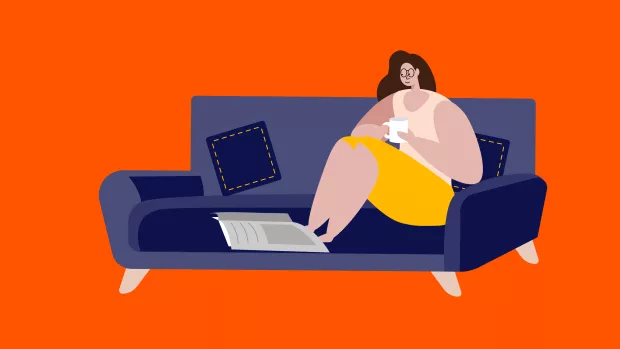 Illustration of a person with a mug, sitting on a sofa looking at magazine