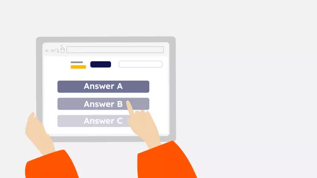 Hands holding a tablet and selecting from a multiple choice quiz