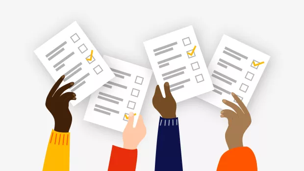 Illustration showing four hands with different skin tones holding polling cards