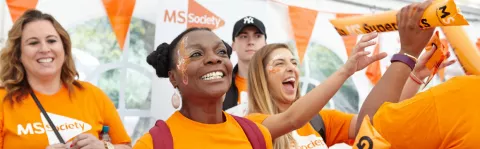 Photo shows a group of MS Society supporters at the start of a fundraising event