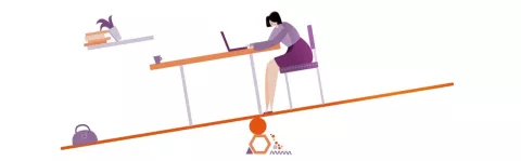 What is MS graphic shows woman sat at a table on a see saw that's tipping to the left