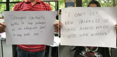 Campaigners hold up signs expressing their frustration about the devastating impact that cuts are having on people who rely on social care and support.
