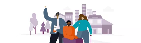 3 people in front of buildings, one waving, one using a wheelchair, one using a stick