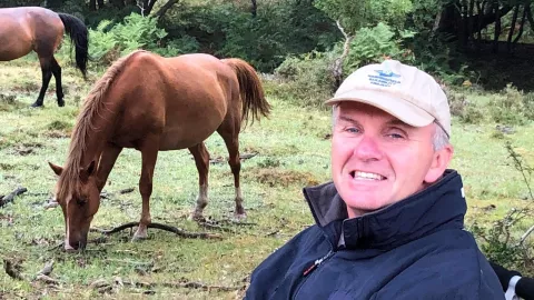 Mark using his wheelchair to visit the New Forest, he smiles in foreground, two chestnut coloured horses nibble grass behind him.