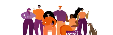 Illustration of people of various genders, ethnicities and abilities, and a dog