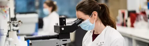 Researcher looking through microscope