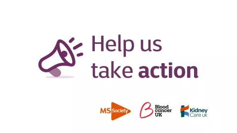 Purple text reads "Help us take action" against a white background