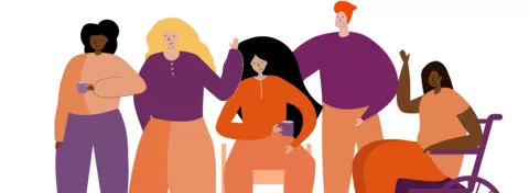 Cartoon of people wearing orange and purple clothes