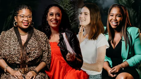 Composite picture of three people with MS and Rose Leslie