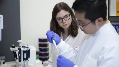 A researcher at work in a lab while a colleague looks on