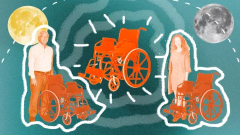 illustration with 3 wheelchairs: 2 stand by a man and woman, 1 shines alone in the centre