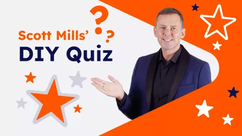 Image of Scott Mills on a background with stars and question marks