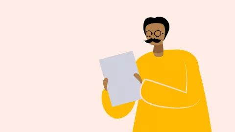 Illustration of a person with glasses and moustache, holding a booklet