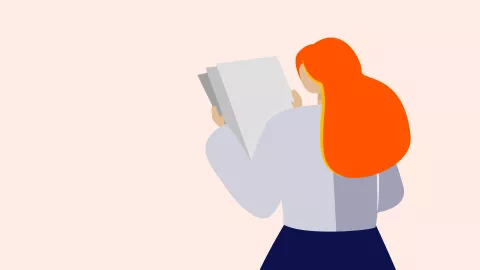Illustration of a person with red hair looking at a leaflet