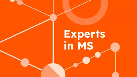 Experts in MS slogan on an orange background with circular icons